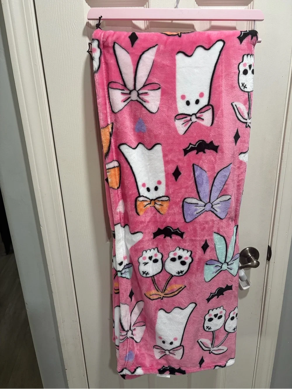 Betsey Johnson Pink Plush Throw Blanket with Ghosts, Skulls & Bows